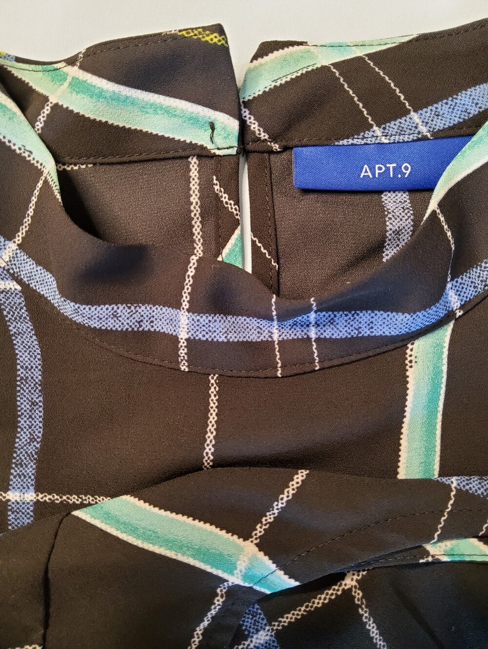 Apt. 9 Black Plaid Sleeveless Mock Neck Top with Blue and Teal Stripes - Picture 8 of 8